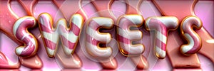 3d illustration render of word text SWEETS in pink and white candy letters