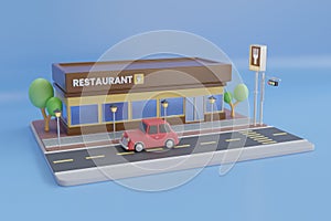 3D illustration of restaurant. 3d Rendering of a Fast food restaurant on blue background. 3d rendering