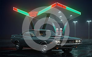 3D illustration of retro car and gas station