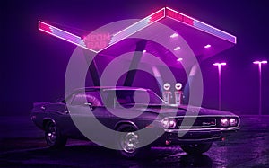 3D illustration of retro car and gas station