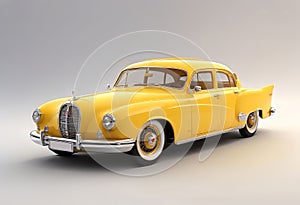 3d illustration of a retro vintage yellow car model, cute car isolated on white background,