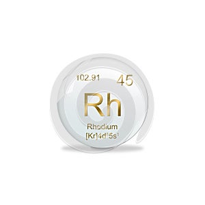 3D-Illustration, Rhodium symbol - Rh. Element of the periodic table on white ball with golden signs. White background