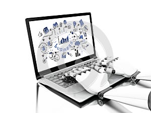 3d illustration. Robotic hands typing on a laptop