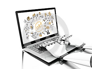 3d illustration. Robotic hands typing on a laptop with business
