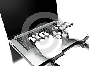 3d illustration. Robotic hands typing on a notebook keyboard