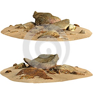 3d illustration of rocks on sand shelf isolated on black background