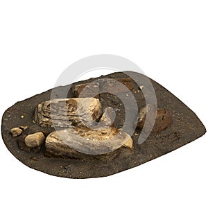 3d illustration of rocks on sand shelf isolated on white background