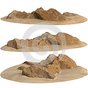 3d illustration of rocks on sand shelf isolated on white background