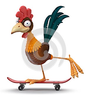 3d illustration rooster on a skateboard