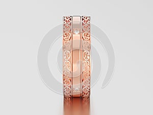 3D illustration rose gold decorative wedding bands carved out ri