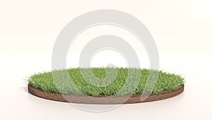 3D Illustration of round green grass, soil ground, turf. Grass circle. Realistic 3D rendering .