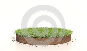 3D Illustration of  round green grass, soil ground, turf. Realistic 3D rendering