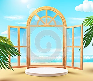 3d illustration of a round podium with a window on a summer beach with palm trees. Realistic design template. Vector