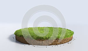 3D Illustration round soil ground cross section with earth land and green grass