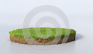 3D Illustration round soil ground cross section with earth land and green grass