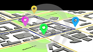 3d illustration of a route with colored markers on an abstract city map.