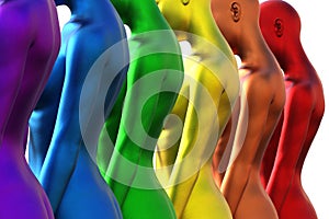 3d illustration. A row of multicolored naked women stand with their backs. Rainbow. metallic.