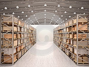 3d illustration of rows of shelves with boxes