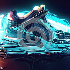 3D illustration of running sport shoe with neon glow