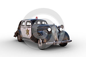 3D illustration of a rusty dirty old vintage police car with headlights on isolated on white