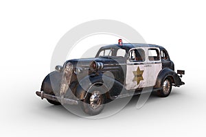 3D illustration of a rusty dirty old vintage police car isolated on white