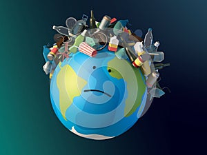 3d illustration Sad planet Earth with a haircut in the form of garbage