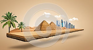 3d illustration of Safari and travel. Sahara desert at sunrise, tropical land off-road.