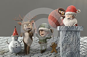 3d illustration. Santa claus and friend arriving by sleigh ready to go down chimney . COPY SPACE for logo and text