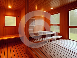 3d illustration of sauna interior with wooden chairs, Ai Generated