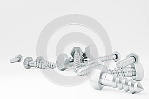 3d illustration screw or nut silver on a white background Technology Concept Metal Steel Industrial Hardware Construction