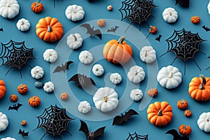 3d illustration seamless pattern of halloween decoration on dark blue backgr