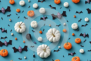 3d illustration seamless pattern of halloween decoration on pastel blue back