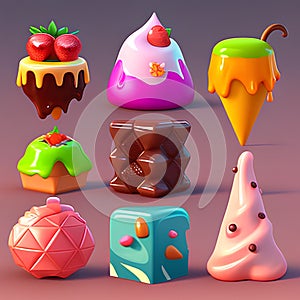 3d illustration of a set of colorful chocolate candies in different shapes