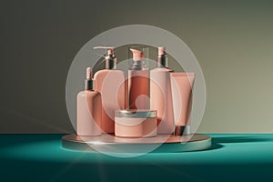 3d illustration of set of diverse cosmetic containers in pink color standing on metal pedestal indoor studio