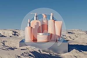 3d illustration of set of diverse cosmetic containers in pink color standing on metal pedestal on natural rocks, outdoor