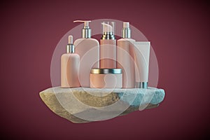 3d illustration of set of diverse cosmetic containers in pink color standing on white rock pedestal over dark red