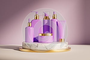 3d illustration of set of diverse cosmetic containers in violet color standing on marble pedestal indoor studio