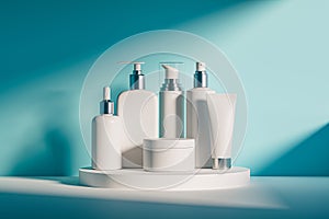 3d illustration of set of diverse cosmetic containers in white color standing on pedestal over blue background