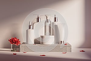 3d illustration of set of diverse cosmetic containers in white color standing on pedestal over white background