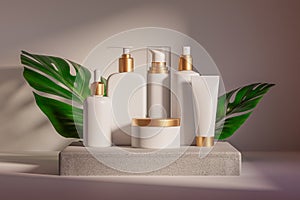 3d illustration of set of diverse cosmetic containers in white color standing on pedestal over white background