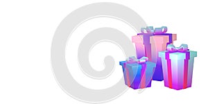 3d illustration of a set of gift boxes with a gradient. With a pink bow on a white background. Blue and pink gift box