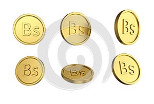 3d illustration Set of gold Bolivian boliviano coin in different angels on white background