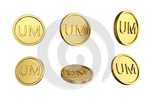 3d illustration Set of gold Ouguiya coin in different angels on white background