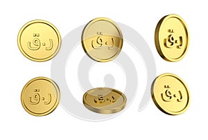 3d illustration Set of gold Qatari riyal coin in different angels on white background