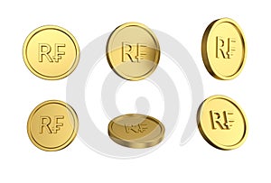 3d illustration Set of gold Rwandan franc coin in different angels on white background