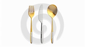 This is a 3D illustration of a set of gold and silver cutlery. It shows a four piece set with fork, knife, and spoon