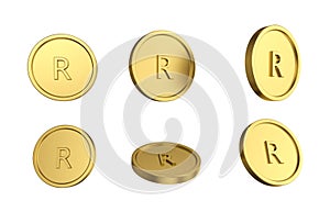 3d illustration Set of gold South african rand coin in different angels on white background