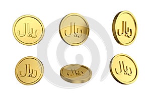 3d illustration Set of gold Yemeni rial coin in different angels on white background