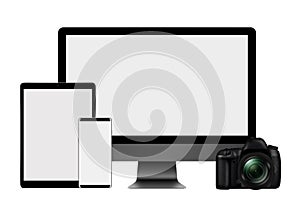 3D illustration set of monitor, tablet pc,mobile phone and DSLR Camera