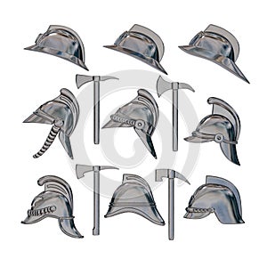 3d illustration. A set of vintage silver fire helmets and axes. Isolated